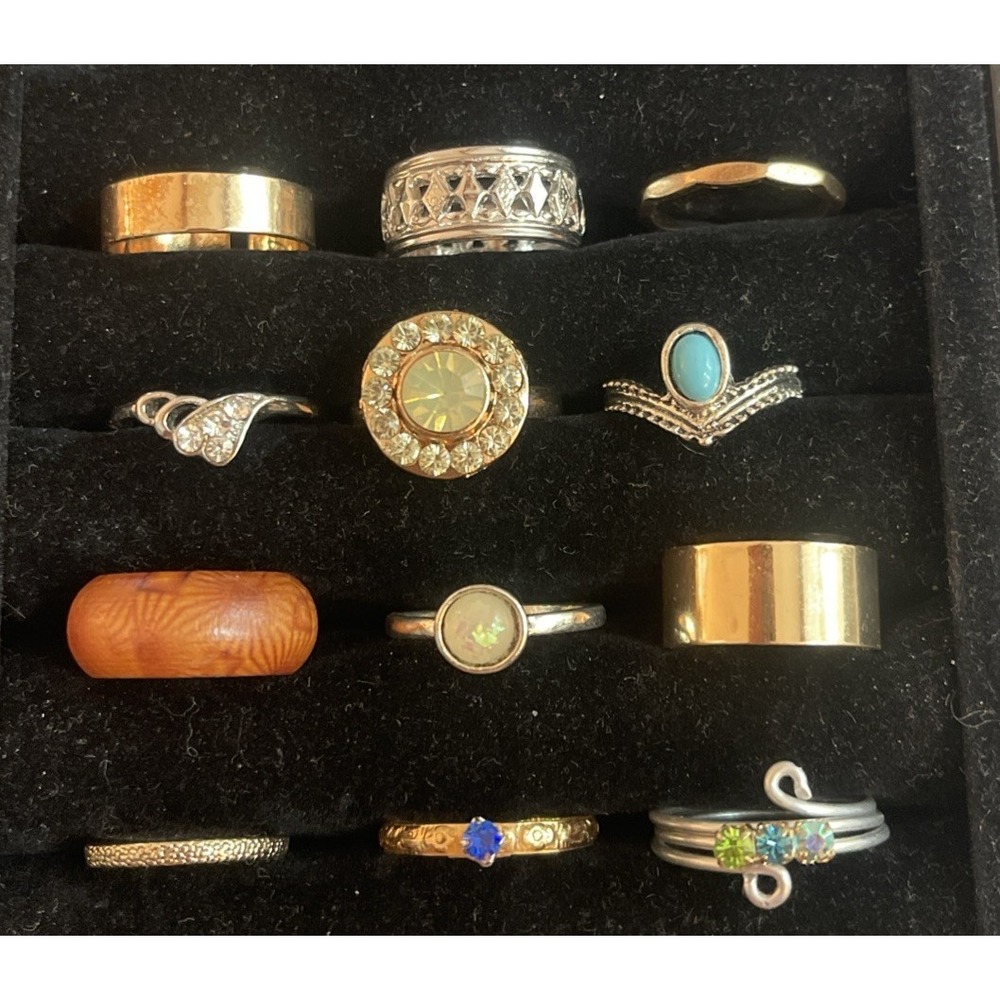 Lot of 12 Rings Stones Bands Costume Gold Silver Tone #1